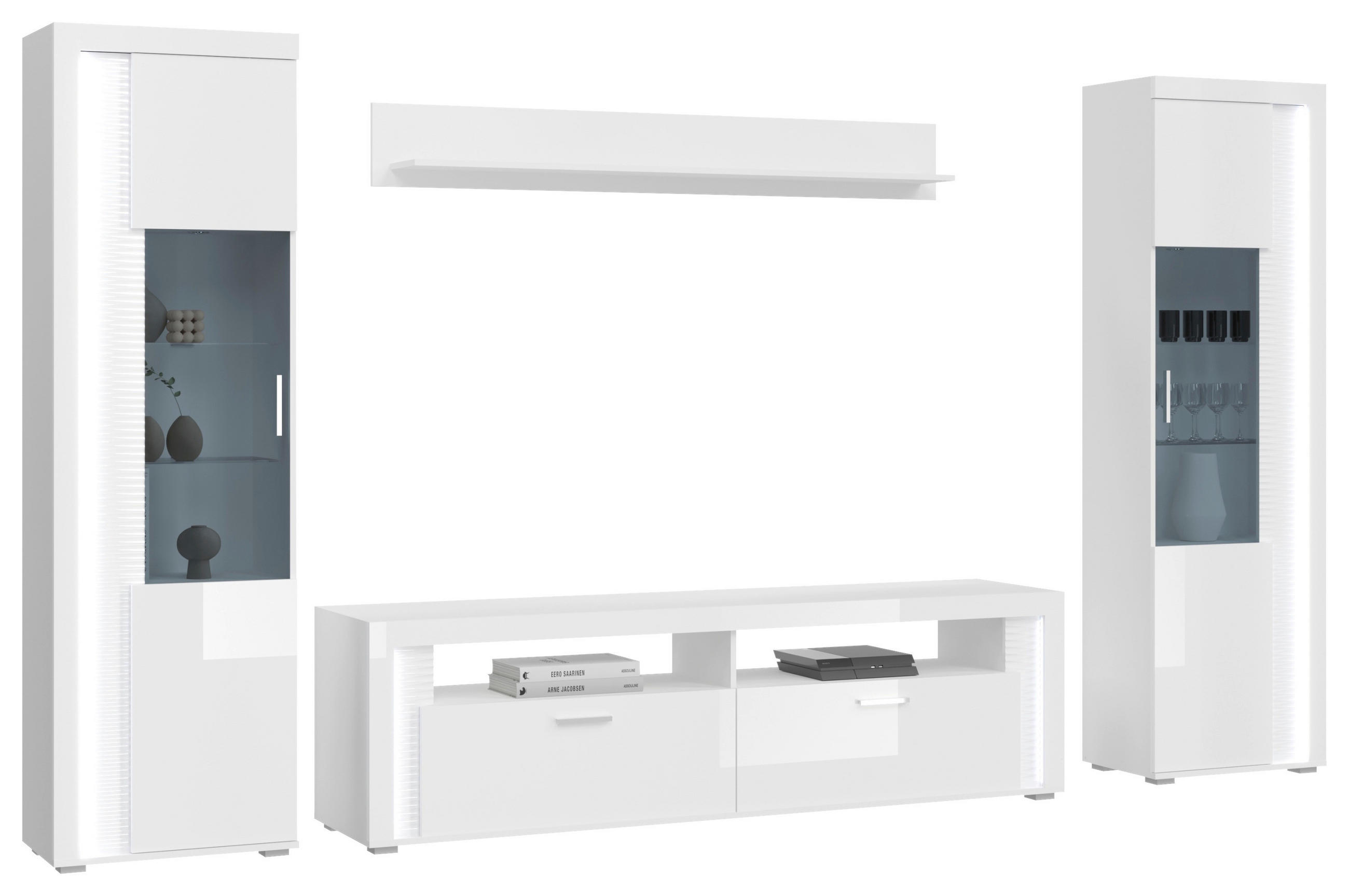 OBÝVACÍ STĚNA, vysoce lesklá bílá - barvy stříbra/vysoce lesklá bílá, Design, kompozitní dřevo/plast (351/202/46cm) - MID.YOU