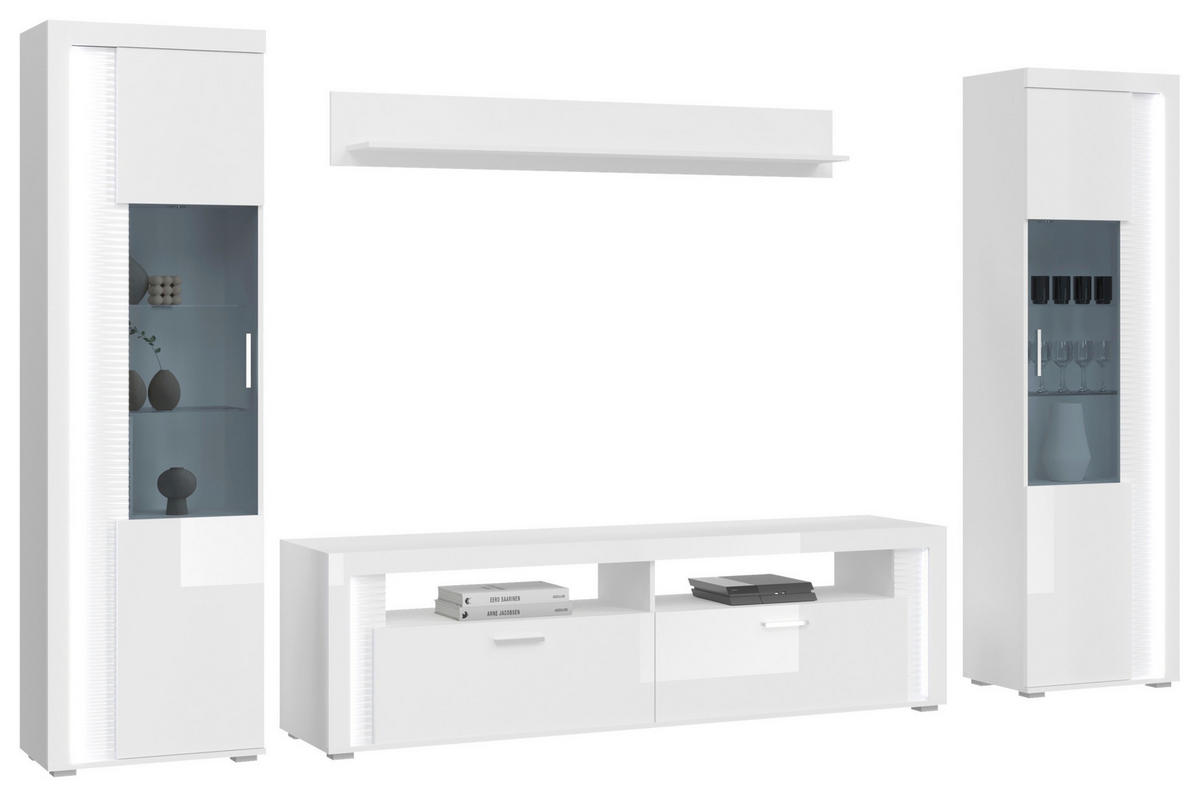 OBÝVACÍ STĚNA, vysoce lesklá bílá - barvy stříbra/vysoce lesklá bílá, Design, kompozitní dřevo/plast (351/202/46cm) - MID.YOU