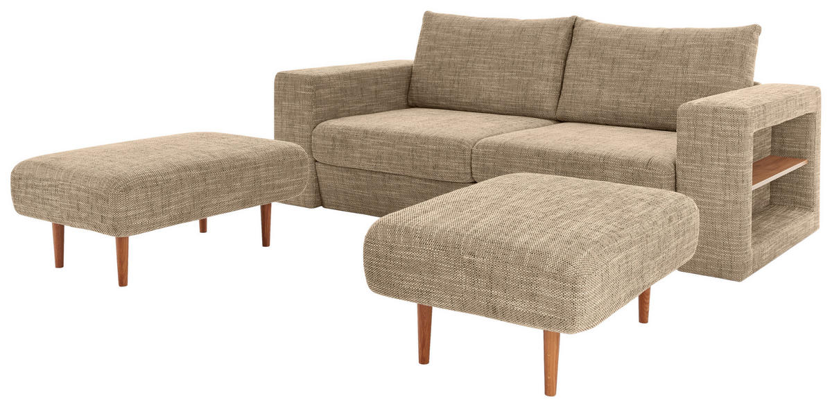 ZWEISITZER-SOFA inkl. Hocker Webstoff Braun, Beige  - Eichefarben/Beige, Design, Holz/Textil (172/96/107cm) - LOOKS by W.Joop