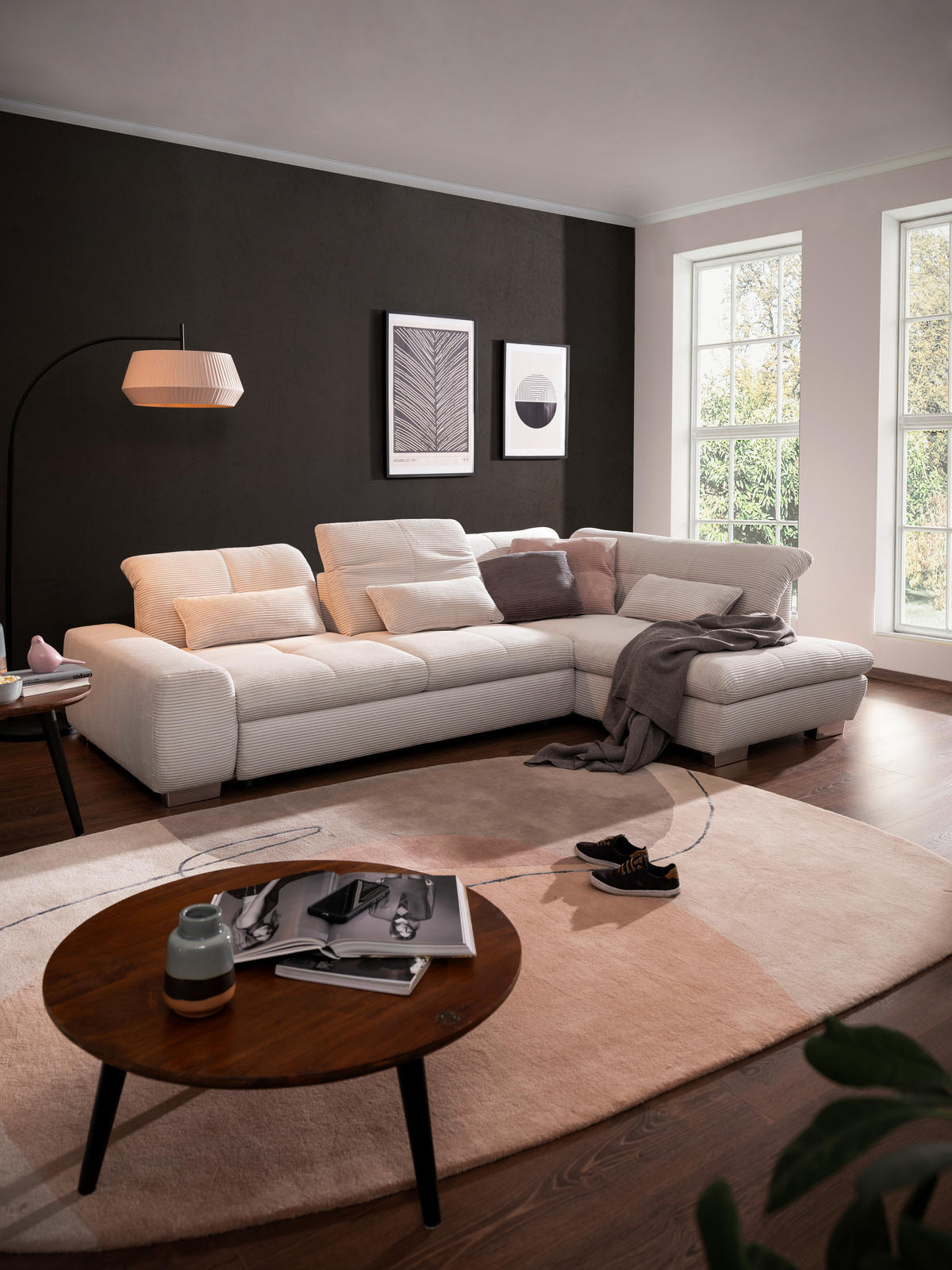 ECKSOFA Hellgrau Cord  - Chromfarben/Hellgrau, Design, Kunststoff/Textil (292/212cm) - SetOne by Musterring