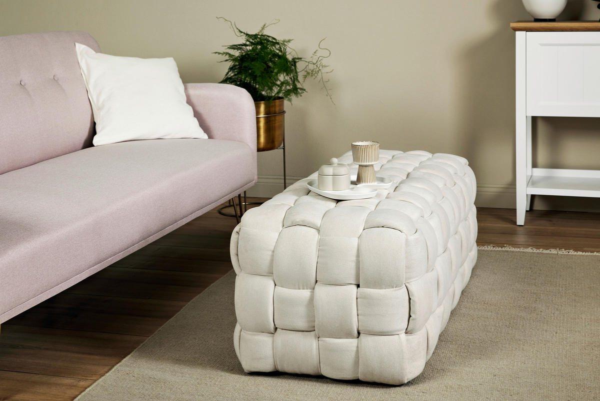 SITZBANK 118/43/50 cm Samt Creme Eukalyptusholz  - Creme, MODERN, Holz/Textil (118/43/50cm)