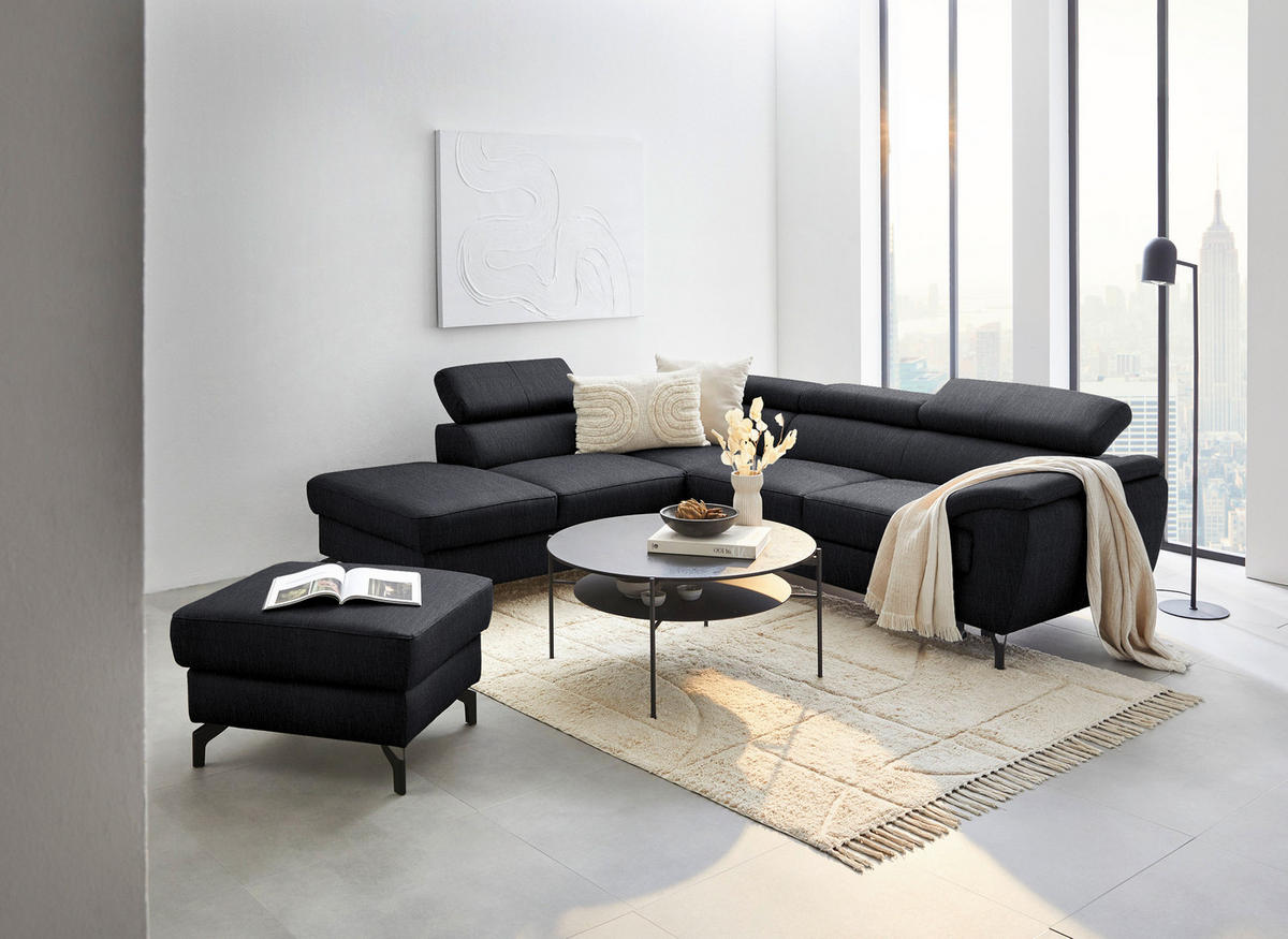 ECKSOFA in Echtleder Schwarz  - Schwarz, Design, Leder/Metall (220/256cm) - Celina Home