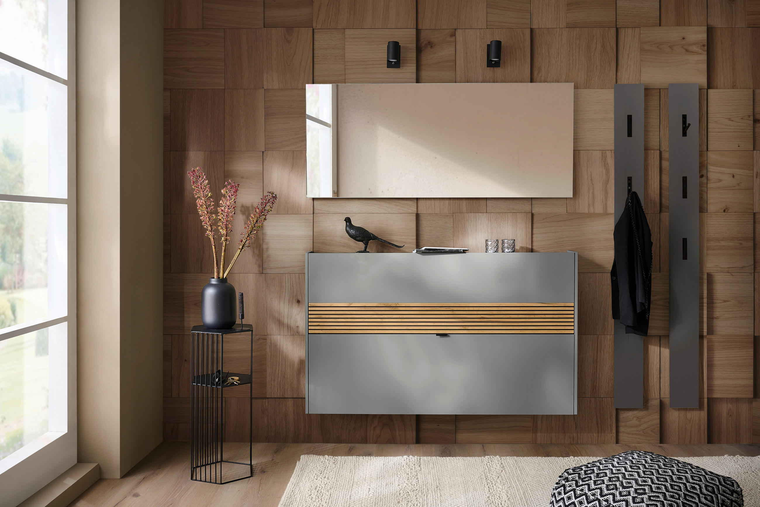 HÄNGESCHUHSCHRANK Graphitfarben, Eichefarben - Eichefarben/Schwarz, Design, Holzwerkstoff/Metall (140/83/18cm) - Voleo