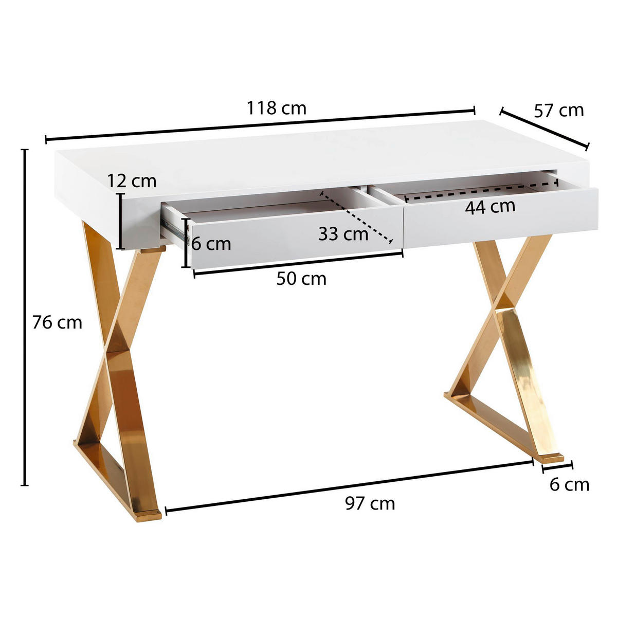 PÍSACÍ STÔL, biela, 118/57/76 cm - biela/zlatá, Modern, kov/kompozitné drevo (118/57/76cm) - MID.YOU