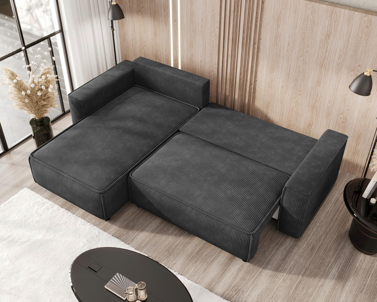 ECKSOFA Anthrazit Cord Zierkissen, Rückenkissen, Bettkasten, Schlaffunktion, Rücken echt, Stauraum, Liegefläche im Originalstoff  - Anthrazit/Schwarz, MODERN, Kunststoff/Textil (190/280cm) - Xora