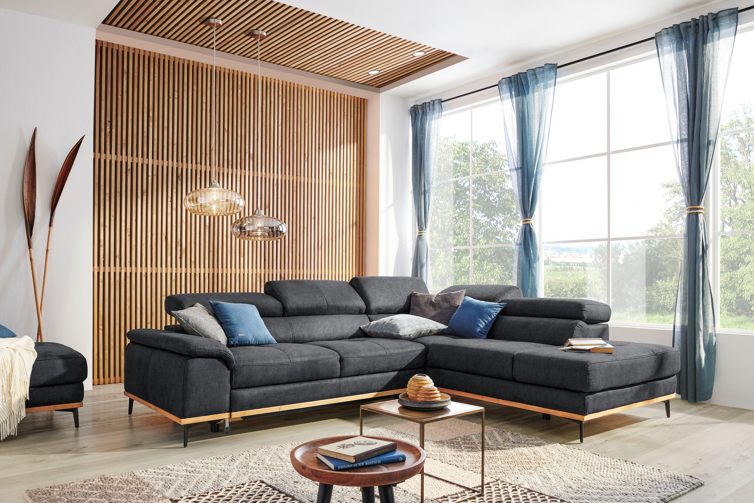 ECKSOFA Dunkelgrau Webstoff  - Dunkelgrau/Schwarz, Natur, Holz/Textil (282/226cm) - Novel
