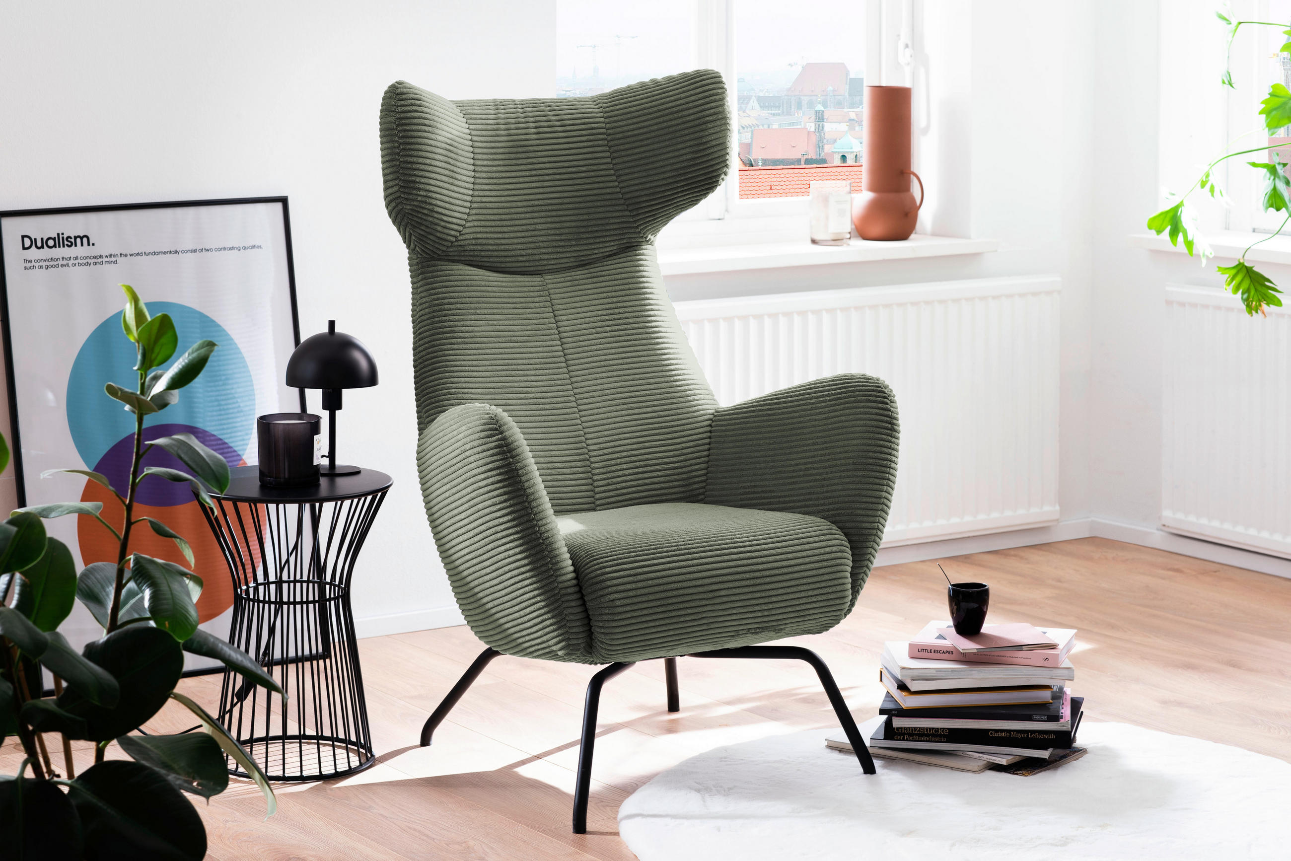 OHRENSESSEL Cord Grün    - Schwarz/Grün, Design, Textil/Metall (79/117/82cm) - Pure Home Lifestyle