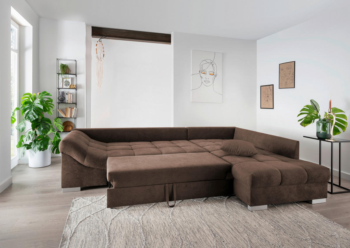 ECKSCHLAFSOFA in Braun Textil   - Silberfarben/Braun, Design, Holz/Textil (298/202cm) - MID.YOU