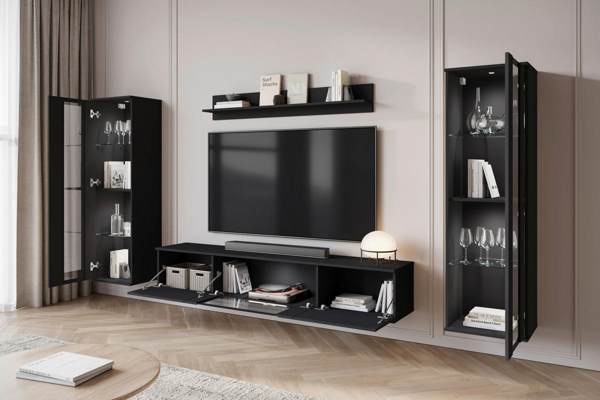 WOHNWAND 4-teilig  in Schwarz  262/141,9/33 cm  - Schwarz, Trend, Glas/Holzwerkstoff (262/141,9/33cm) - Livetastic