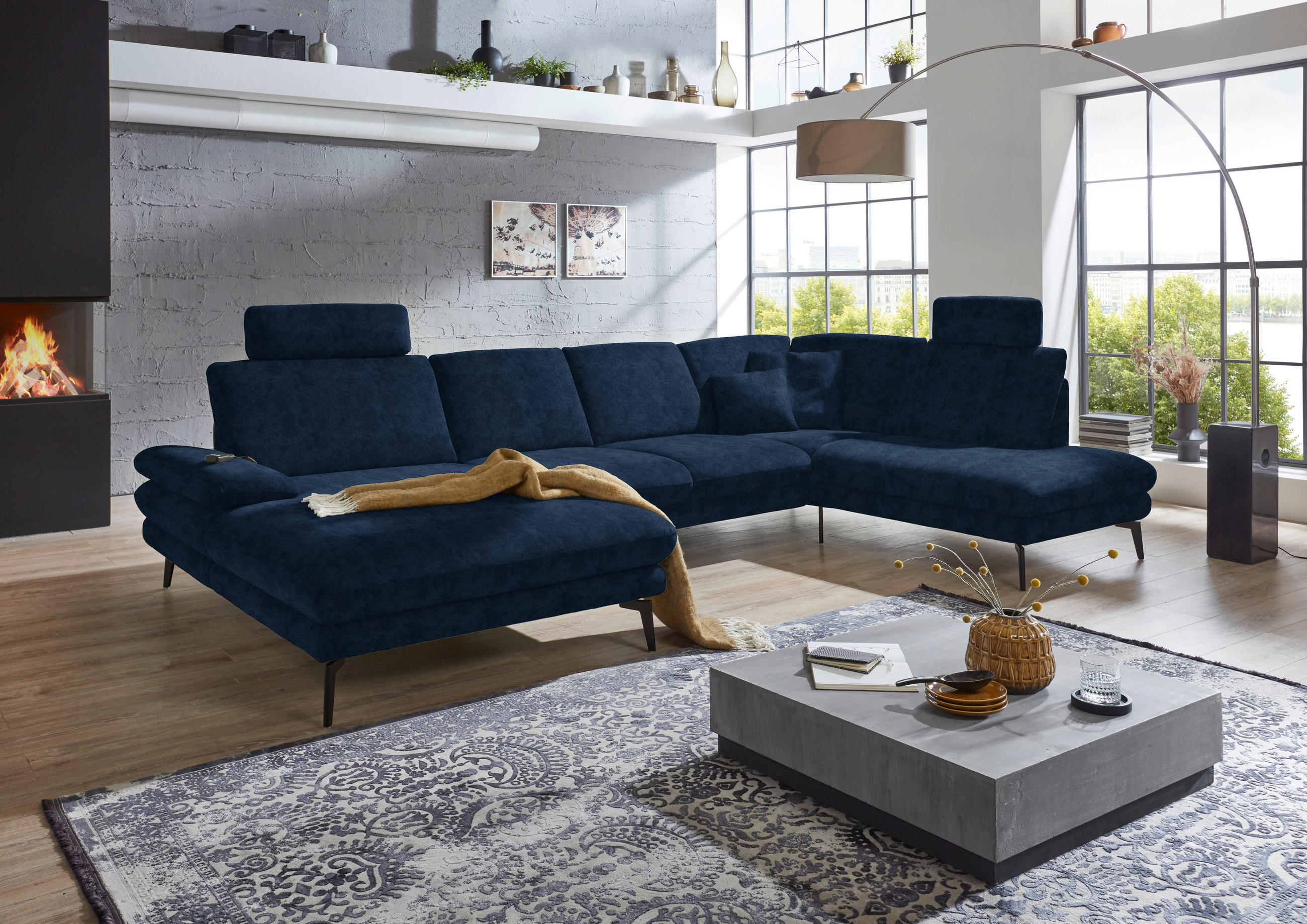 WOHNLANDSCHAFT in Velours Dunkelblau  - Schwarz/Dunkelblau, Design, Textil/Metall (180/344/208cm) - Dieter Knoll