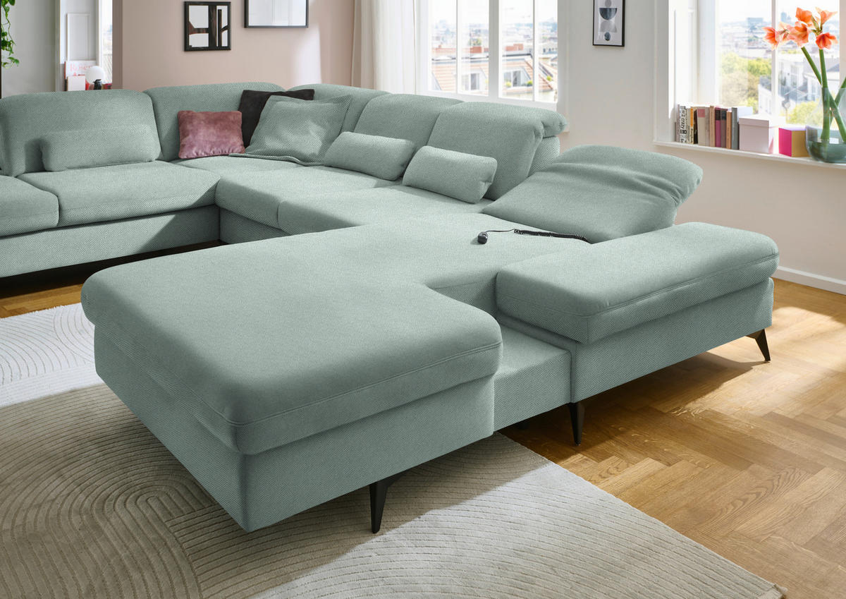 WOHNLANDSCHAFT  in Chenille Mintgrün  - Schwarz/Mintgrün, Design, Textil/Metall (255/364/198cm) - Beldomo Style