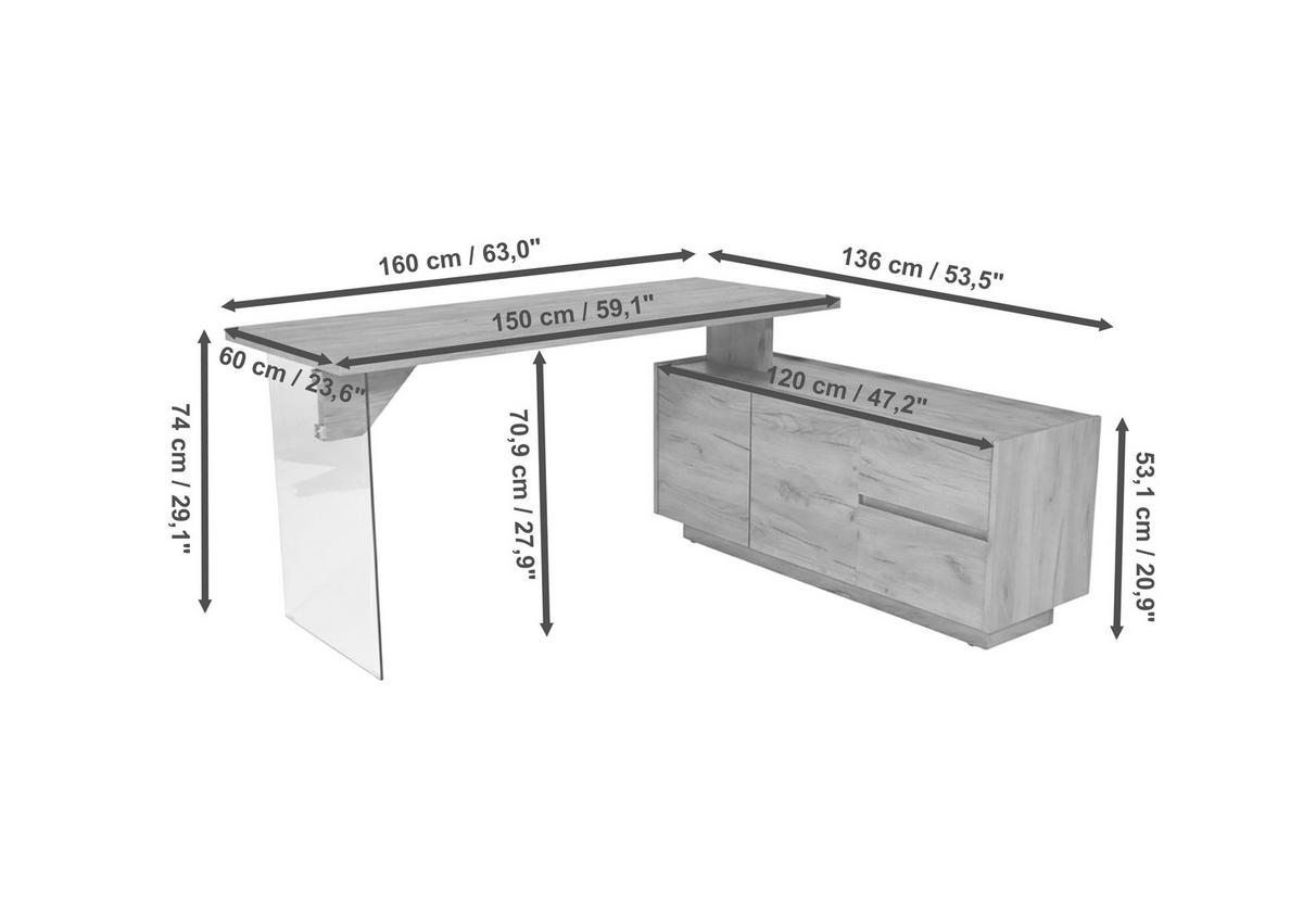 ECKSCHREIBTISCH 160/136/74 cm Eichefarben Stauraum, seitenverkehrt montierbar  - Eichefarben, Design, Glas/Holzwerkstoff (160/136/74cm) - MID.YOU