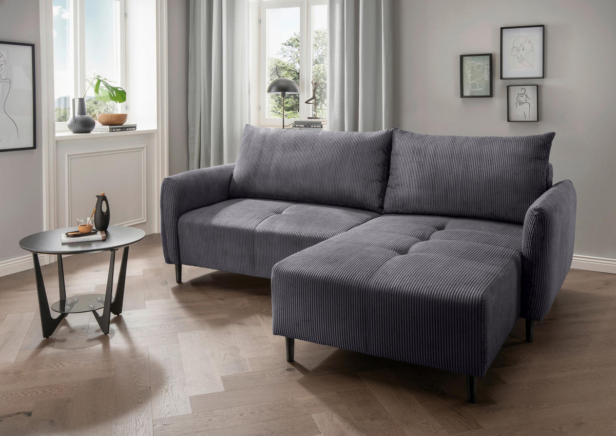 ECKSOFA Marissa Grau Cord  - Schwarz/Grau, Basics, Holz/Textil (238/174cm) - Livetastic