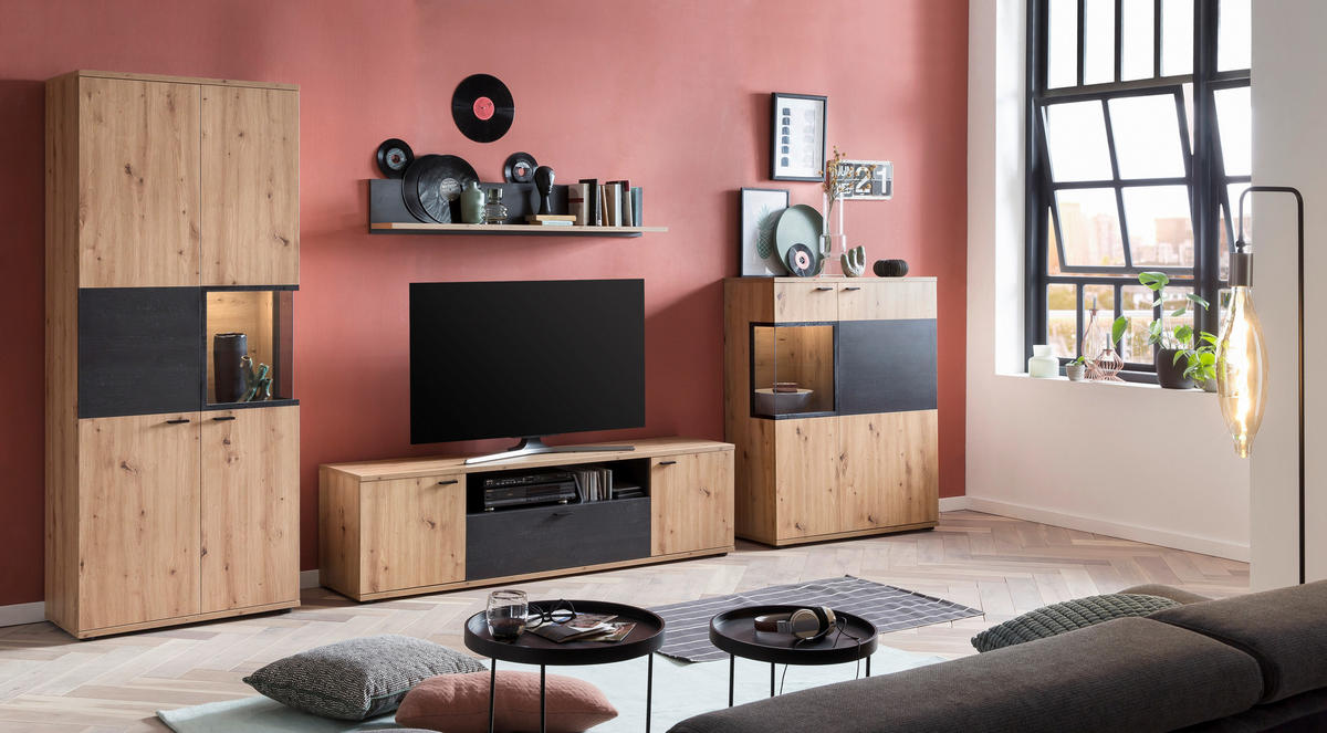 VITRINE  in Eiche Artisan  - Schwarz/Eiche Artisan, MODERN, Glas/Holzwerkstoff (80/197/40cm) - MID.YOU