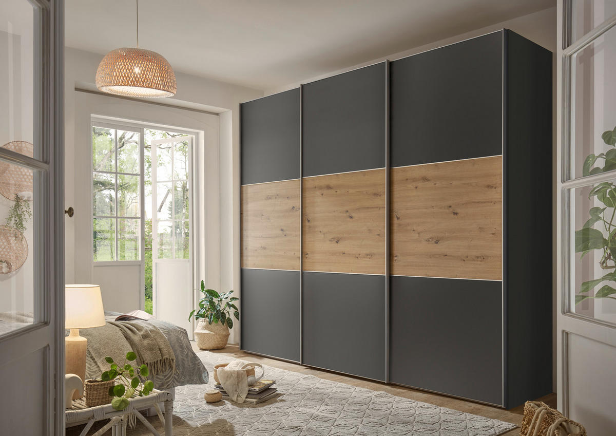 SCHWEBETÜRENSCHRANK in Dunkelgrau, Eiche Artisan  - Dunkelgrau/Alufarben, Holzwerkstoff/Metall (298/222/68cm) - Moderano