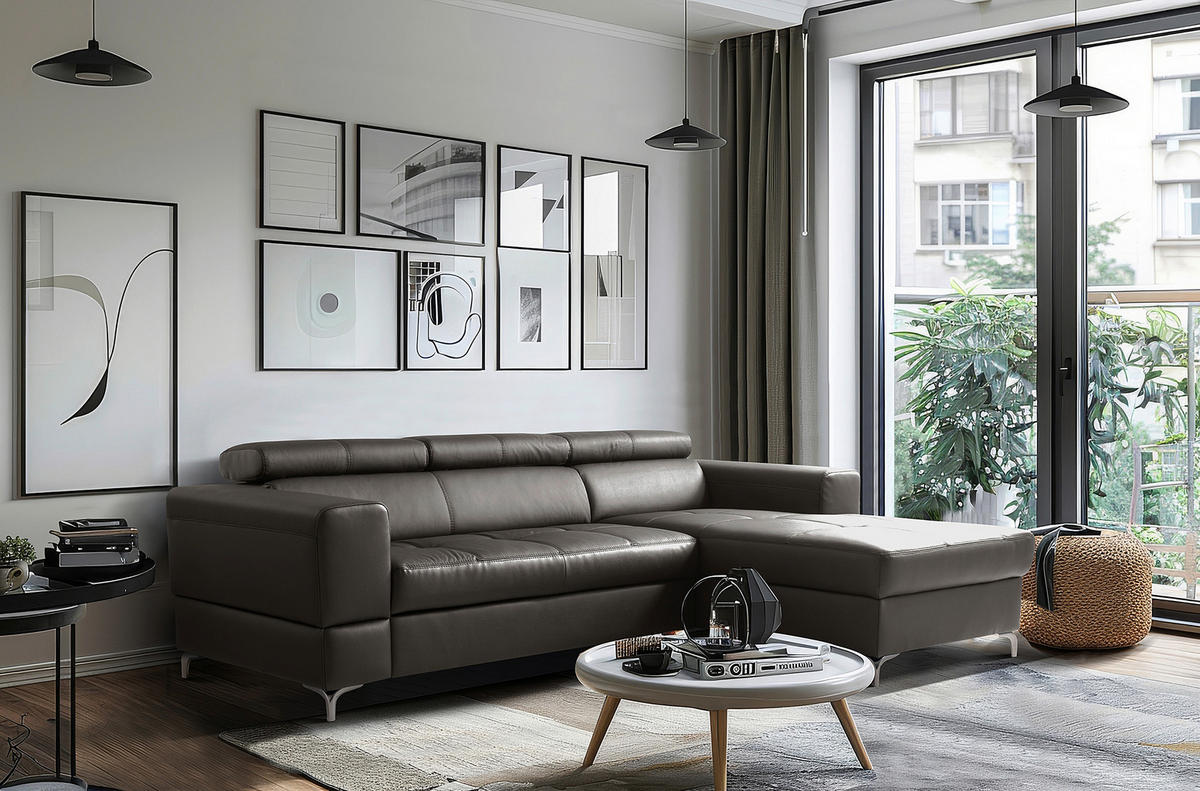 ECKSOFA  in Lederlook Echtleder Dunkelbraun  - Dunkelbraun/Schwarz, Design, Leder/Textil (247/173cm) - Livetastic