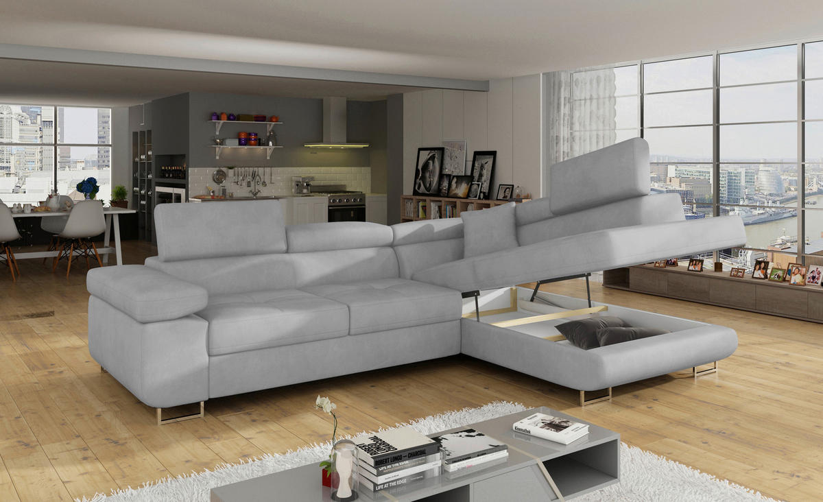 ECKSOFA ANTON in Flachgewebe Grau  272/203 cm  - Silberfarben/Grau, Design, Textil/Metall (272/203cm) - MID.YOU