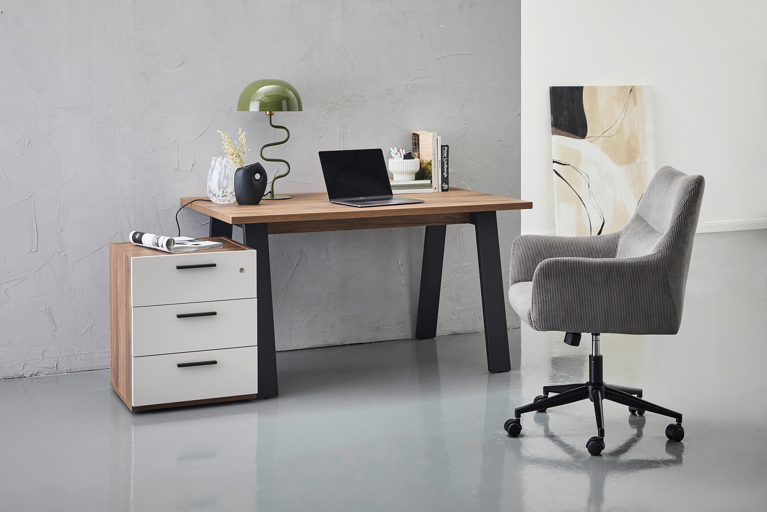 ÍRÓASZTAL  - fekete/diófa, Design, faalapú anyag/fém (139,1/80/74,7cm) - Stylife