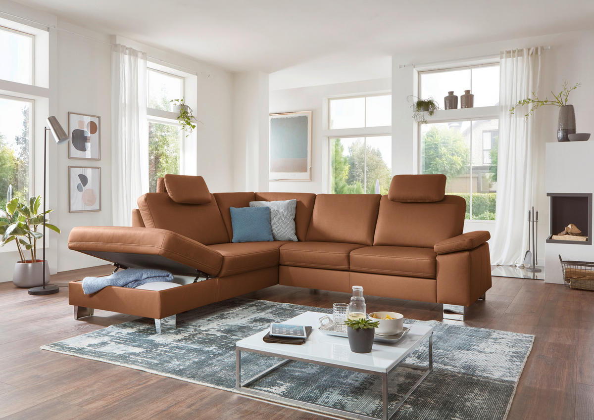 ECKSOFA  in Echtleder Cognac  235/248 cm  - Cognac/Alufarben, Design, Leder/Metall (235/248cm) - Beldomo Premium