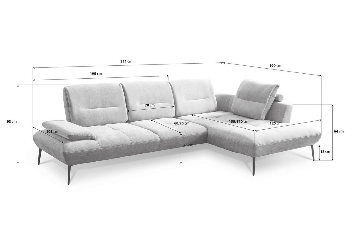 ECKSOFA Anthrazit Echtleder Rücken echt, Sitztiefenverstellung  - Anthrazit/Schwarz, Design, Leder/Metall (320/190cm) - Moderano