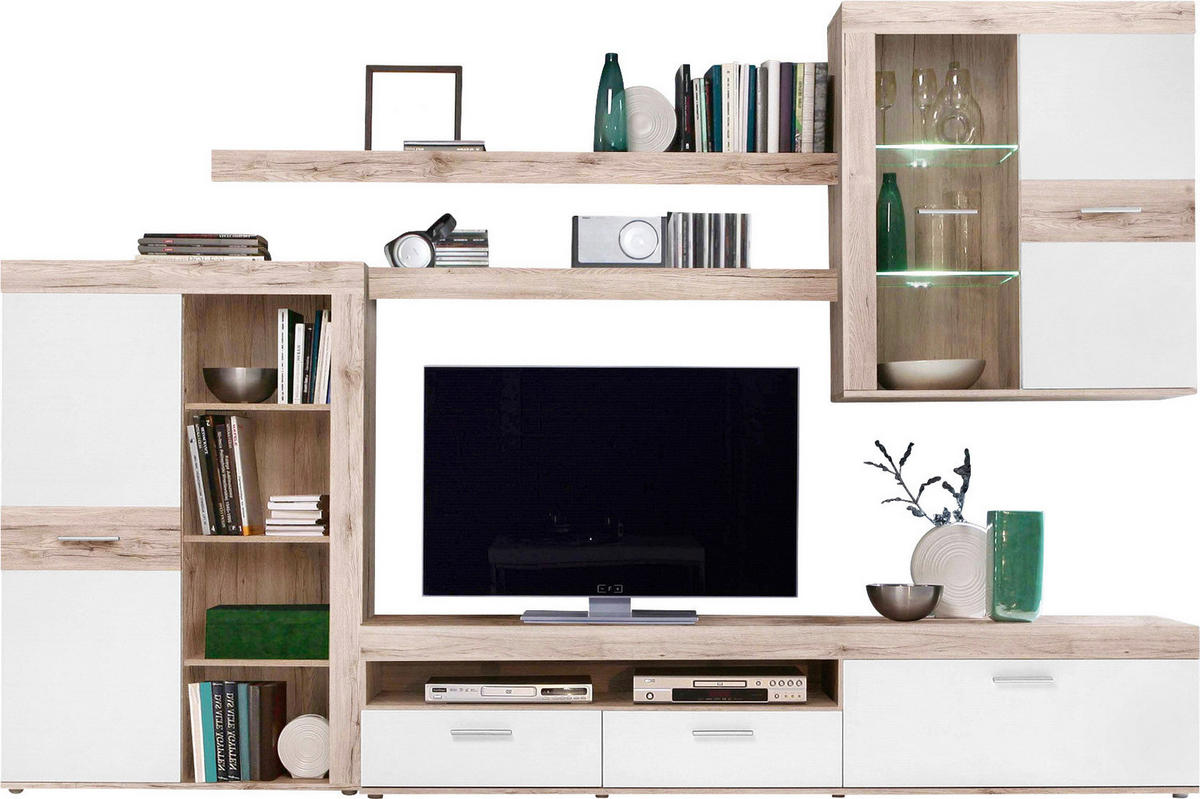 OBÝVACÍ STĚNA, bílá, barvy dubu - bílá/šedá, Design, kompozitní dřevo/plast (300/200,9/41cm) - Carryhome