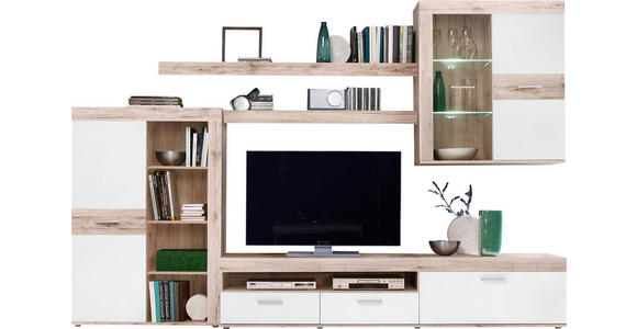 WOHNWAND  in Weiß, Eichefarben  300/200,9/41 cm  - Eichefarben/Alufarben, Design, Glas/Holzwerkstoff (300/200,9/41cm) - Carryhome