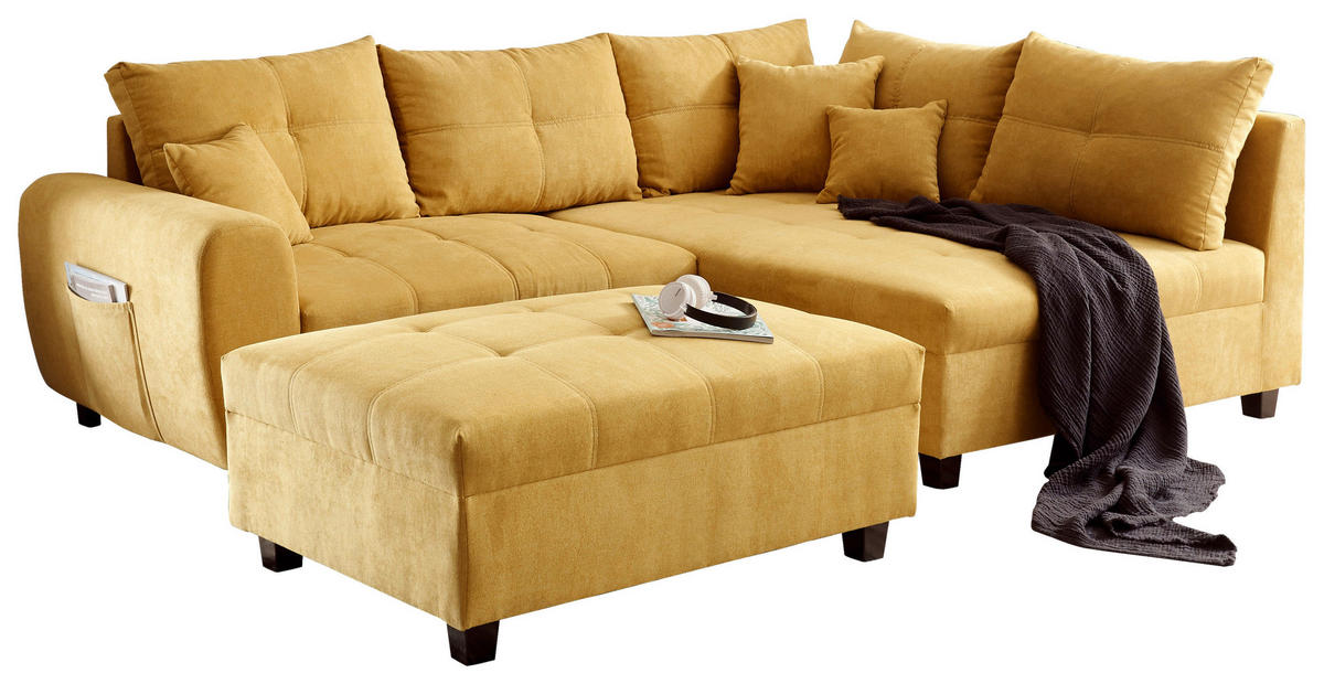 ECKSOFA inkl. Hocker in Mikrovelours Gelb  248/176 cm  - Gelb/Schwarz, Basics, Holzwerkstoff/Kunststoff (248/176cm) - MID.YOU