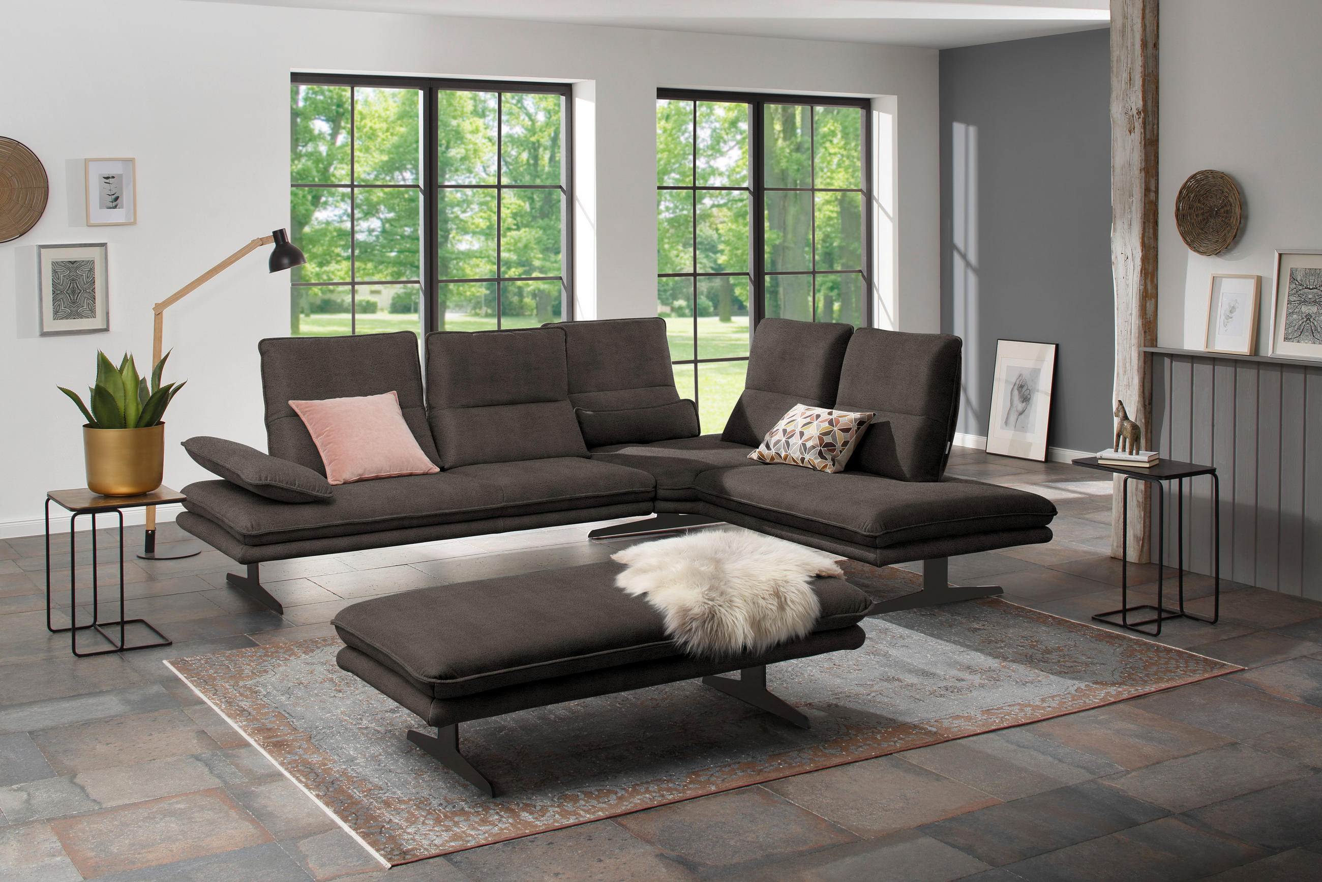 ECKSOFA in Mikrofaser Mokka  - Schwarz/Mokka, Design, Textil/Metall (284/224cm) - Chilliano