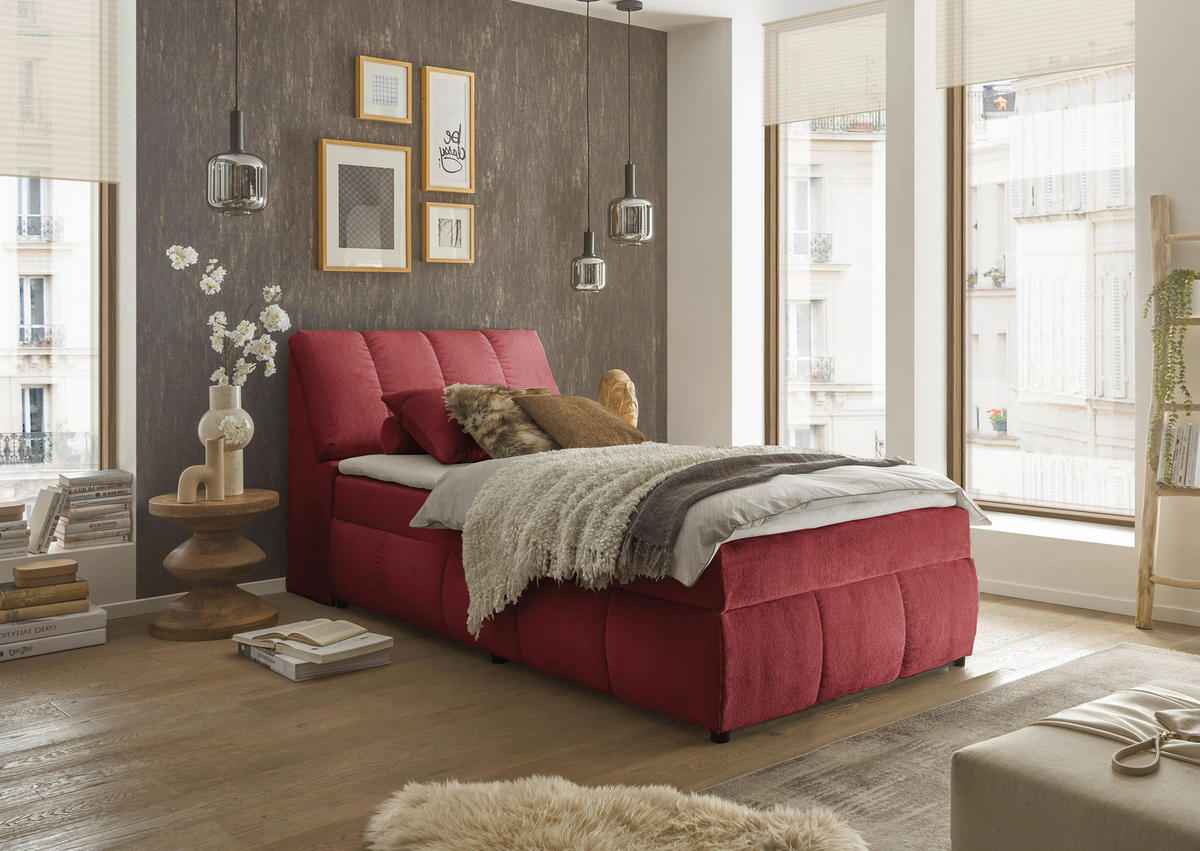 BOXBETT 120/200 cm,  in Rot, gepolstertes Kopfteil, Bettkasten, Topper,  - Rot/Schwarz, MODERN, Holzwerkstoff/Kunststoff (120/200cm) - MID.YOU