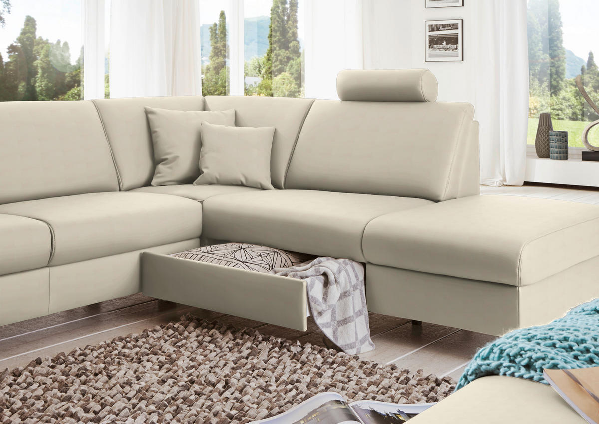 WOHNLANDSCHAFT in Echtleder Creme  - Creme/Alufarben, Design, Leder/Metall (165/339/233cm) - Beldomo Premium