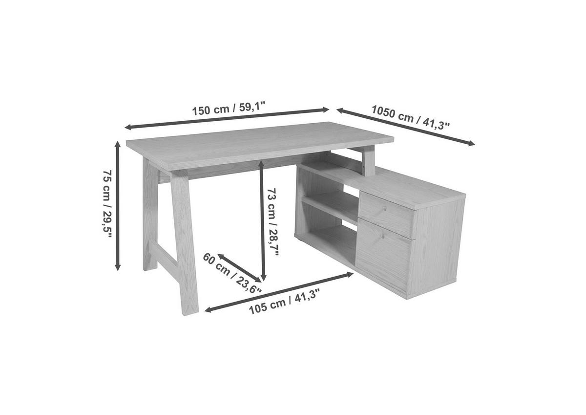 ECKSCHREIBTISCH  Eichefarben Kabeldurchlass, Stauraum, seitenverkehrt montierbar  - Eichefarben/Silberfarben, KONVENTIONELL, Holzwerkstoff/Metall (150/75/105cm) - MID.YOU