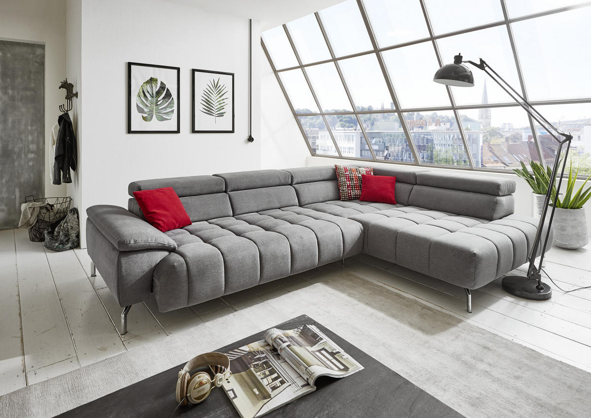 ECKSOFA Grau Chenille  - Chromfarben/Grau, Design, Textil/Metall (323/222cm) - Beldomo Style