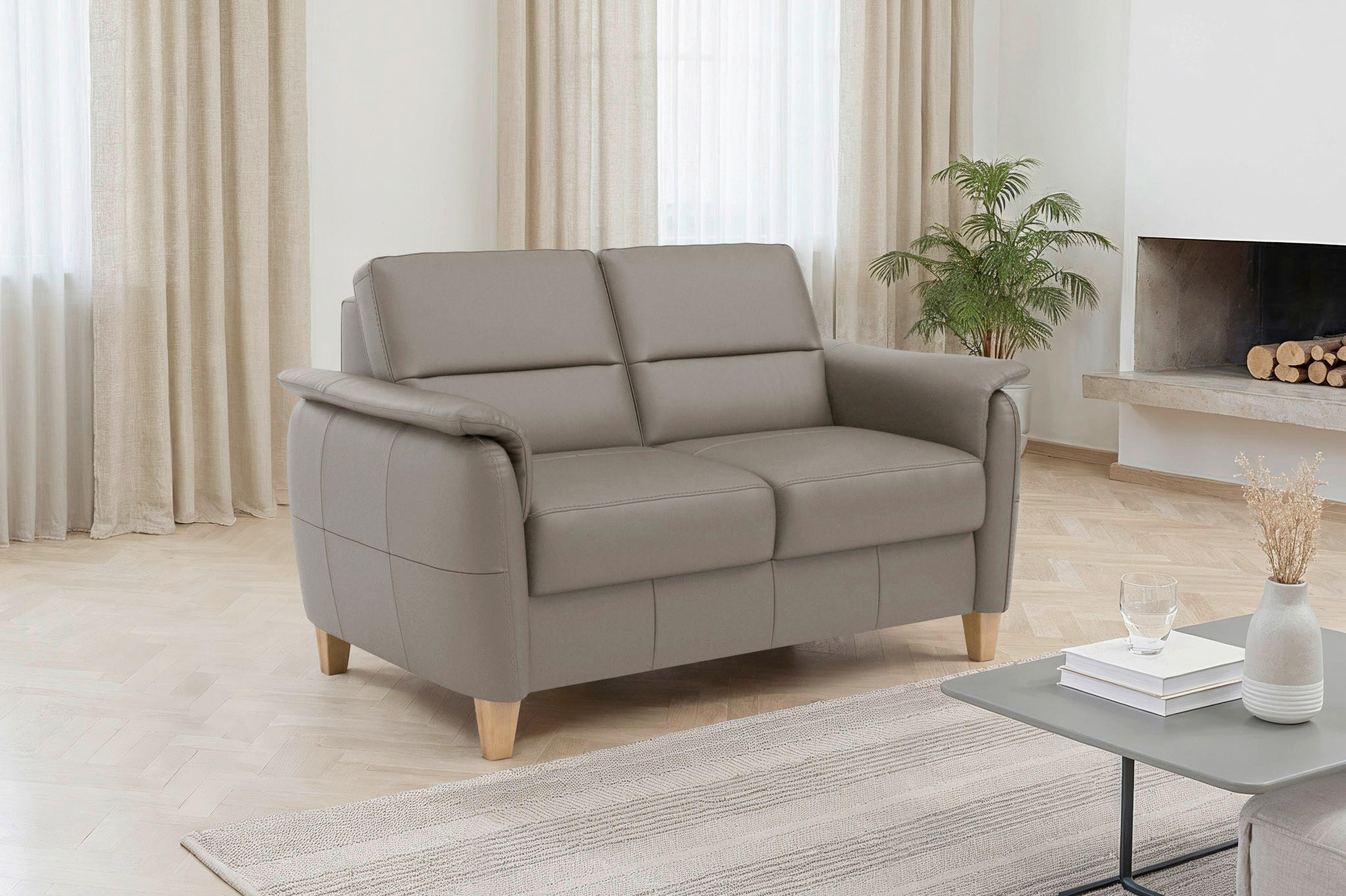 2-SITZER-SOFA PALMERA E Grau Echtleder  - Eichefarben/Grau, Basics, Leder/Holz (149/89/89cm) - Sit & More