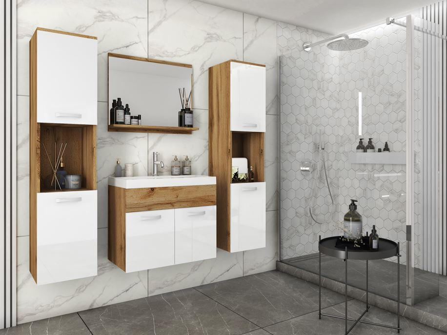 BADEZIMMER 5-teilig  in 120 cm  - Weiß Hochglanz/Eiche Wotan, LIFESTYLE, Holzwerkstoff/Metall (120cm) - P & B