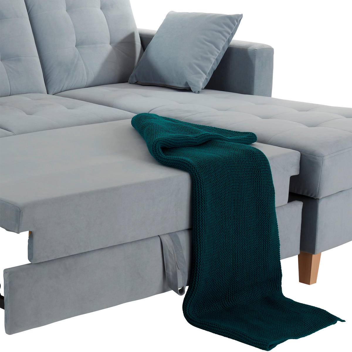 ECKSOFA Hellblau Samt Zierkissen, Bettkasten, Schlaffunktion  - Naturfarben/Hellblau, Design, Holz/Textil (231/160cm) - Livetastic