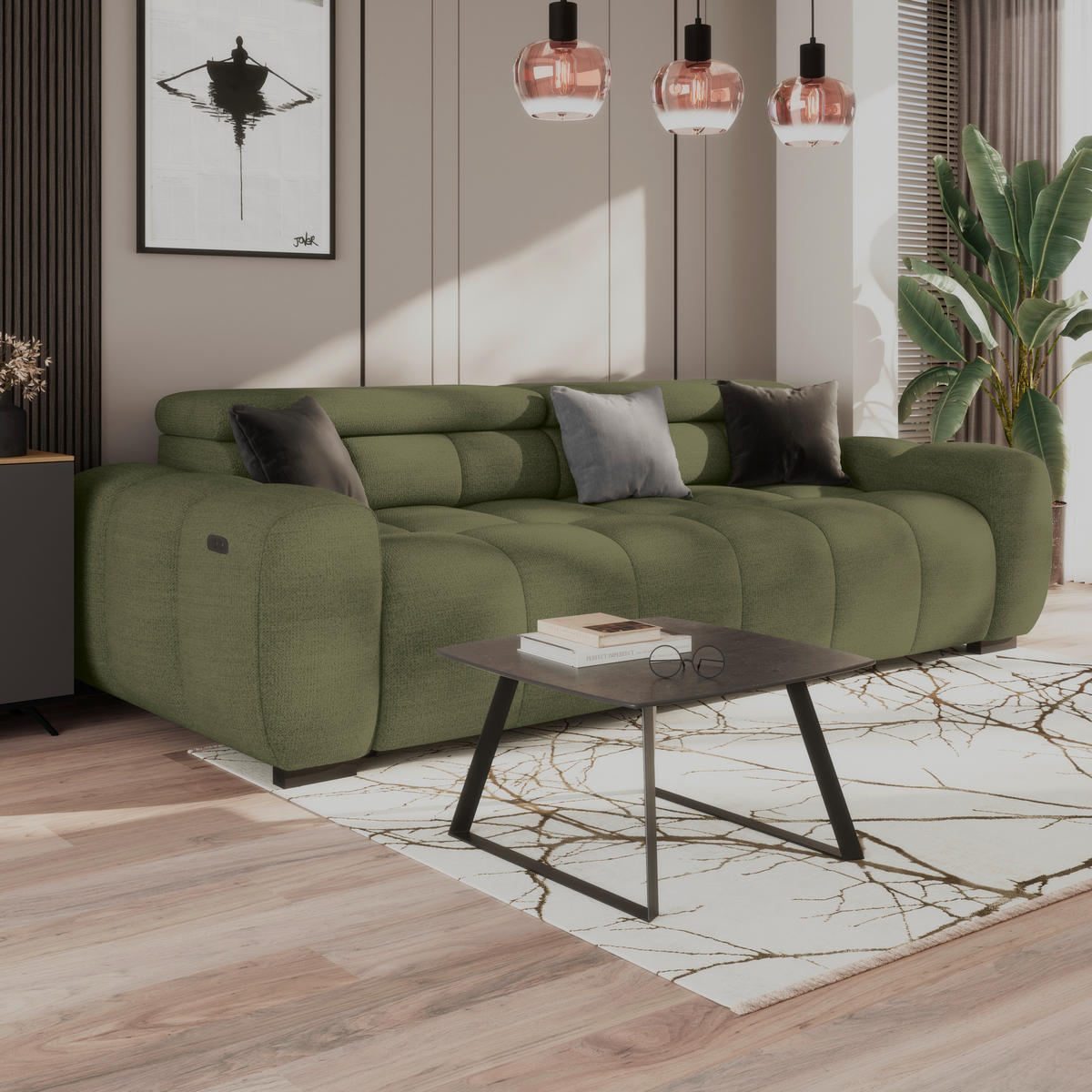 BIGSOFA inkl. mot. Funktion Webstoff Dunkelgrün  - Dunkelgrün/Schwarz, Design, Kunststoff/Textil (248/77-97/108cm) - Welnova