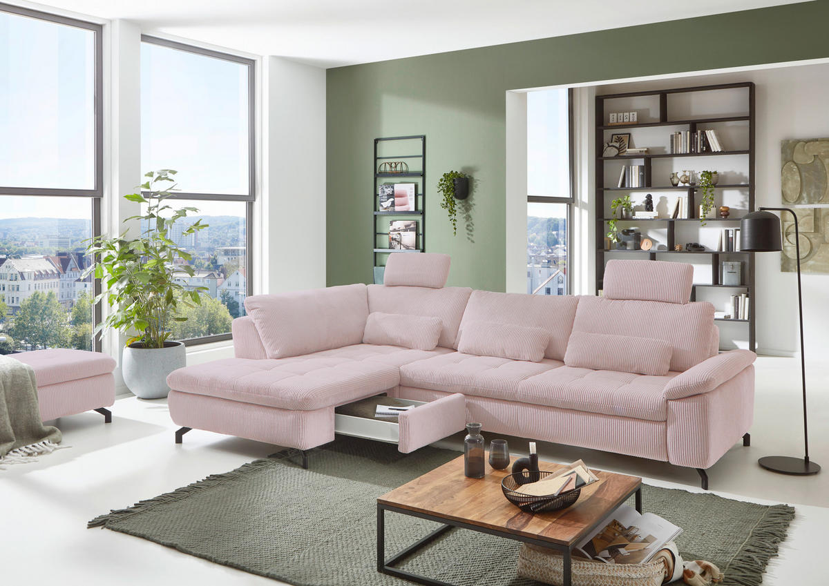 ECKSOFA in Cord, Velours Altrosa  - Schwarz/Altrosa, Design, Textil/Metall (197/291cm) - Beldomo Style