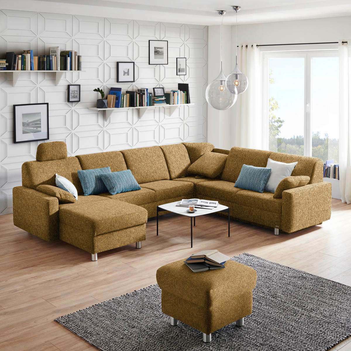 WOHNLANDSCHAFT  in Mikrovelours Senfgelb  - Senfgelb/Alufarben, KONVENTIONELL, Kunststoff/Textil (158/322/236cm) - Sedda