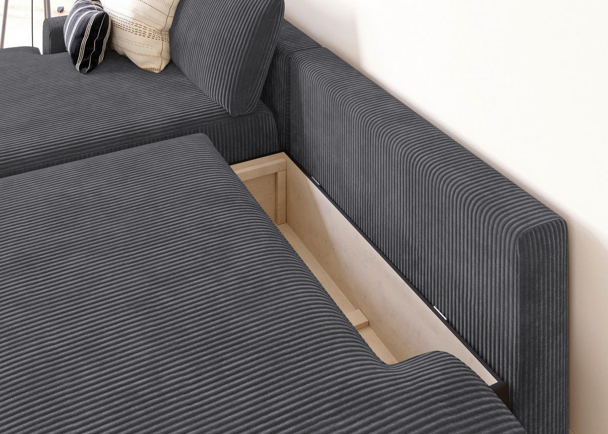 ECKSCHLAFSOFA in Cord Anthrazit  - Anthrazit/Schwarz, Modern, Kunststoff/Textil (167/253cm) - Trendmanufaktur