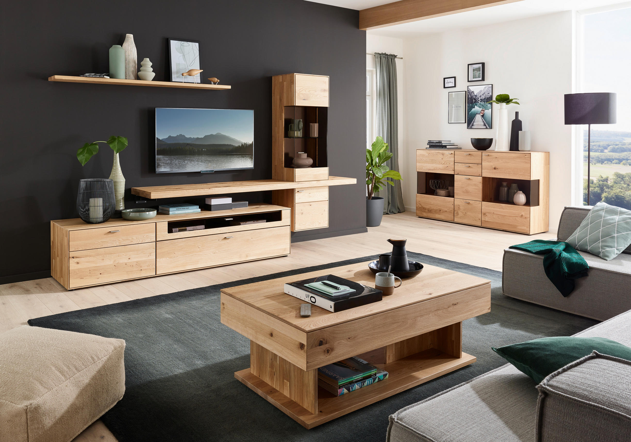 WOHNWAND  in Wildeiche  304/179/55 cm  - Wildeiche, Natur, Glas/Holz (304/179/55cm) - Valnatura