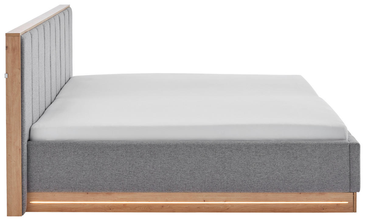 POLSTERBETT 180/200 cm,  in Grau, Beleuchtung,  - Eichefarben/Grau, Design, Holzwerkstoff/Textil (180/200cm) - Stylife