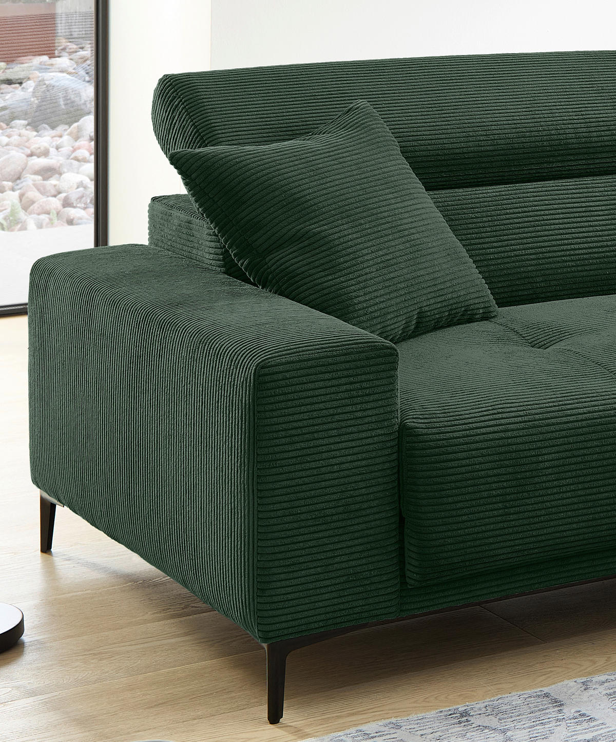 ECKSOFA ORIO Dunkelgrün Cord Zierkissen, Kopfteilverstellung, Sitzvorzug  - Dunkelgrün/Schwarz, Basics, Textil/Metall (250/183cm) - Livetastic
