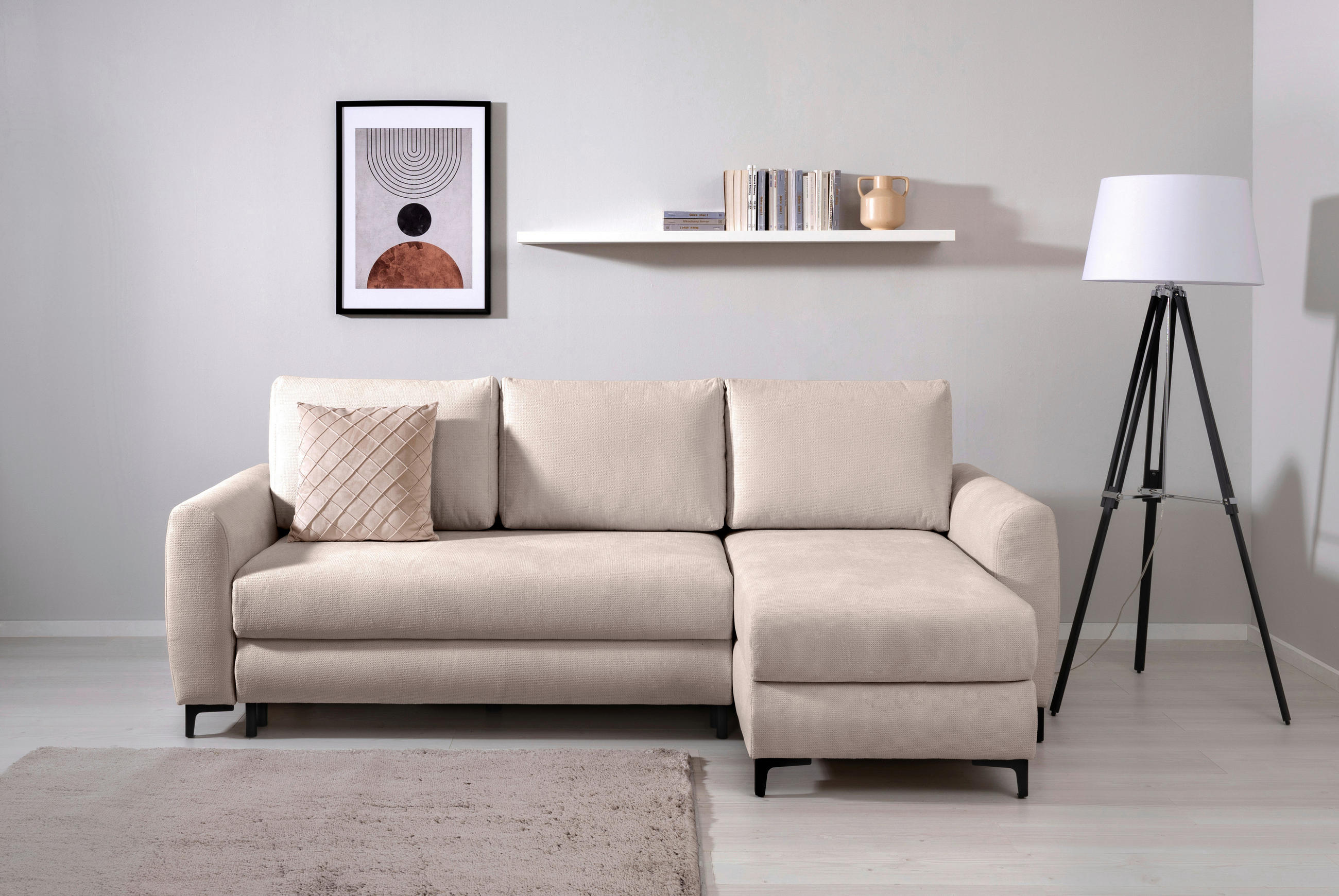 ECKSOFA in Mikrofaser Beige  - Beige/Schwarz, Design, Textil/Metall (236/148cm) - MID.YOU