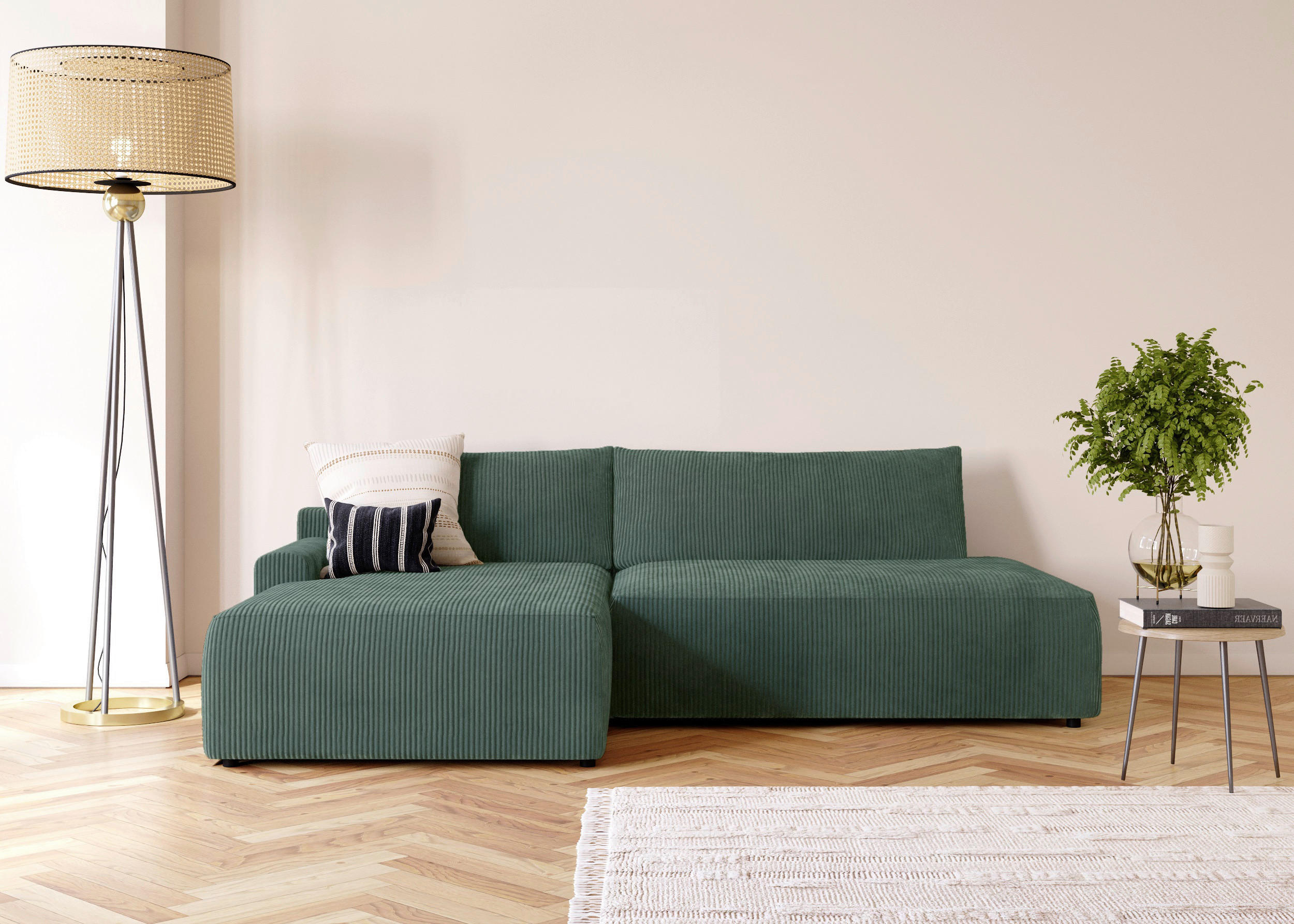 ECKSCHLAFSOFA in Cord Dunkelgrün  - Dunkelgrün/Schwarz, Modern, Kunststoff/Textil (167/253cm) - Trendmanufaktur