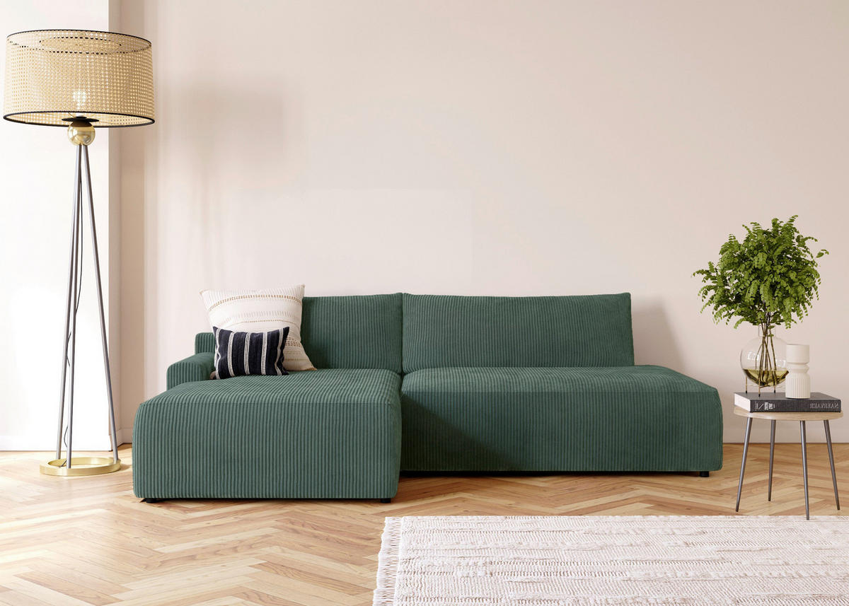 ECKSCHLAFSOFA in Cord Dunkelgrün  - Dunkelgrün/Schwarz, Modern, Kunststoff/Textil (167/253cm) - Trendmanufaktur