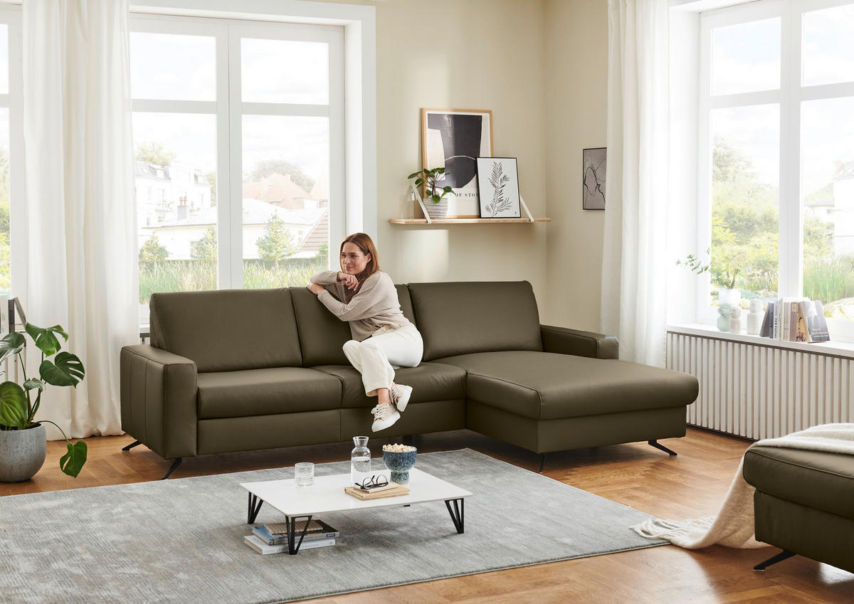 ECKSOFA Beldomo premium Opal Echtleder  - Opal/Schwarz, Design, Leder/Metall (267/165cm) - Lomoco