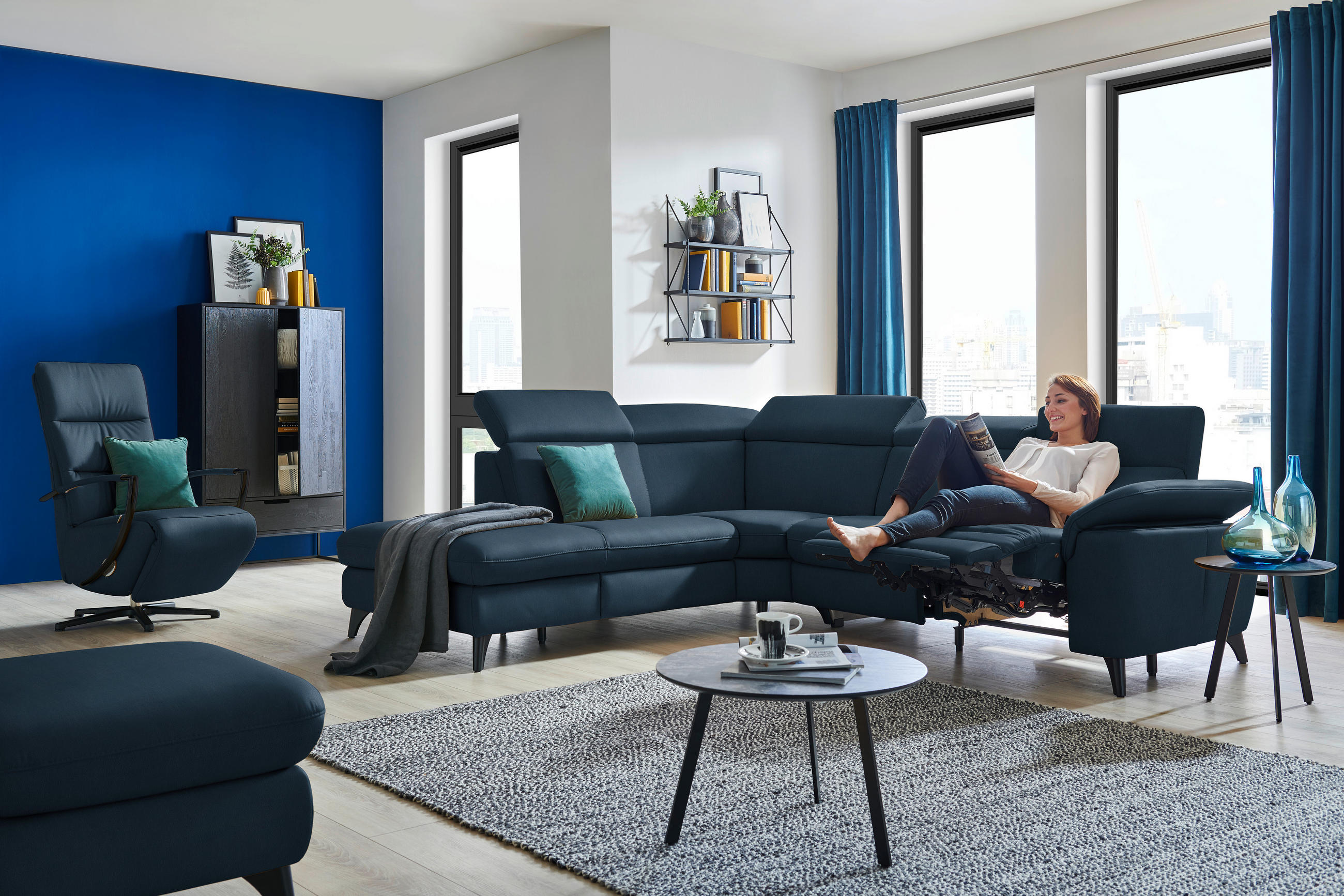 ECKSOFA in Echtleder Dunkelblau  - Schwarz/Dunkelblau, Design, Leder/Metall (239/285cm) - Cantus