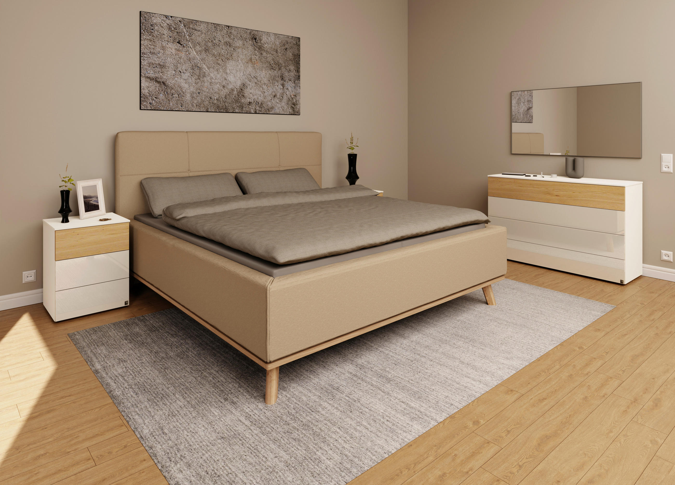 POLSTERBETT Matratze, Lattenrost, Bettkasten 180/200 cm  in Beige  - Eichefarben/Beige, Design, Holz/Textil (180/200cm) - Musterring
