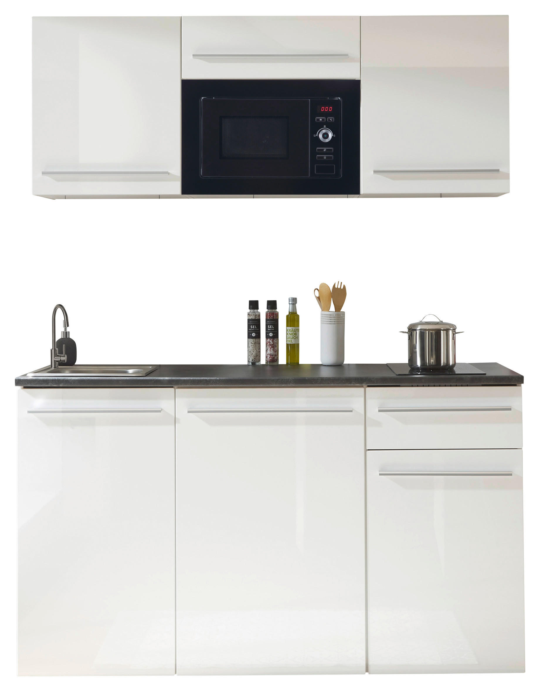 Carryhome Küchenblock Jazz Single Braun, Weiß, Weiß Hochglanz 160 cm