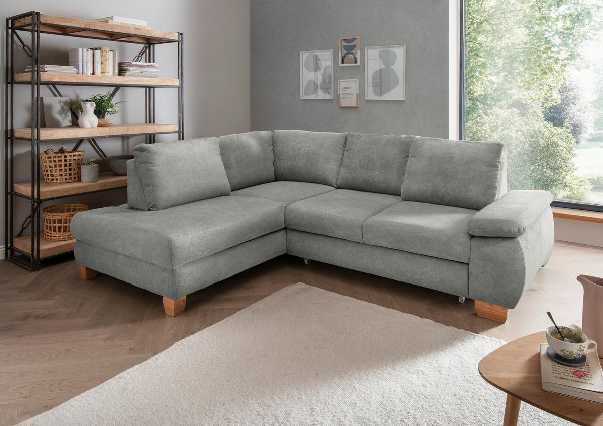 ECKSCHLAFSOFA  mit Liegefunktion, Rücken echt, Armteil rechts Chenille Grau  - Wildeiche/Grau, MODERN, Holz/Textil (206/261cm) - Livetastic